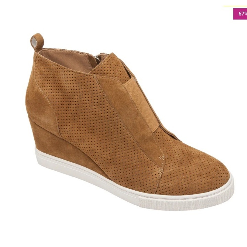 L.Paolo Womens Wedge Sneakers 11M Tan Suede Leather Perforated Slip On Shoes NEW